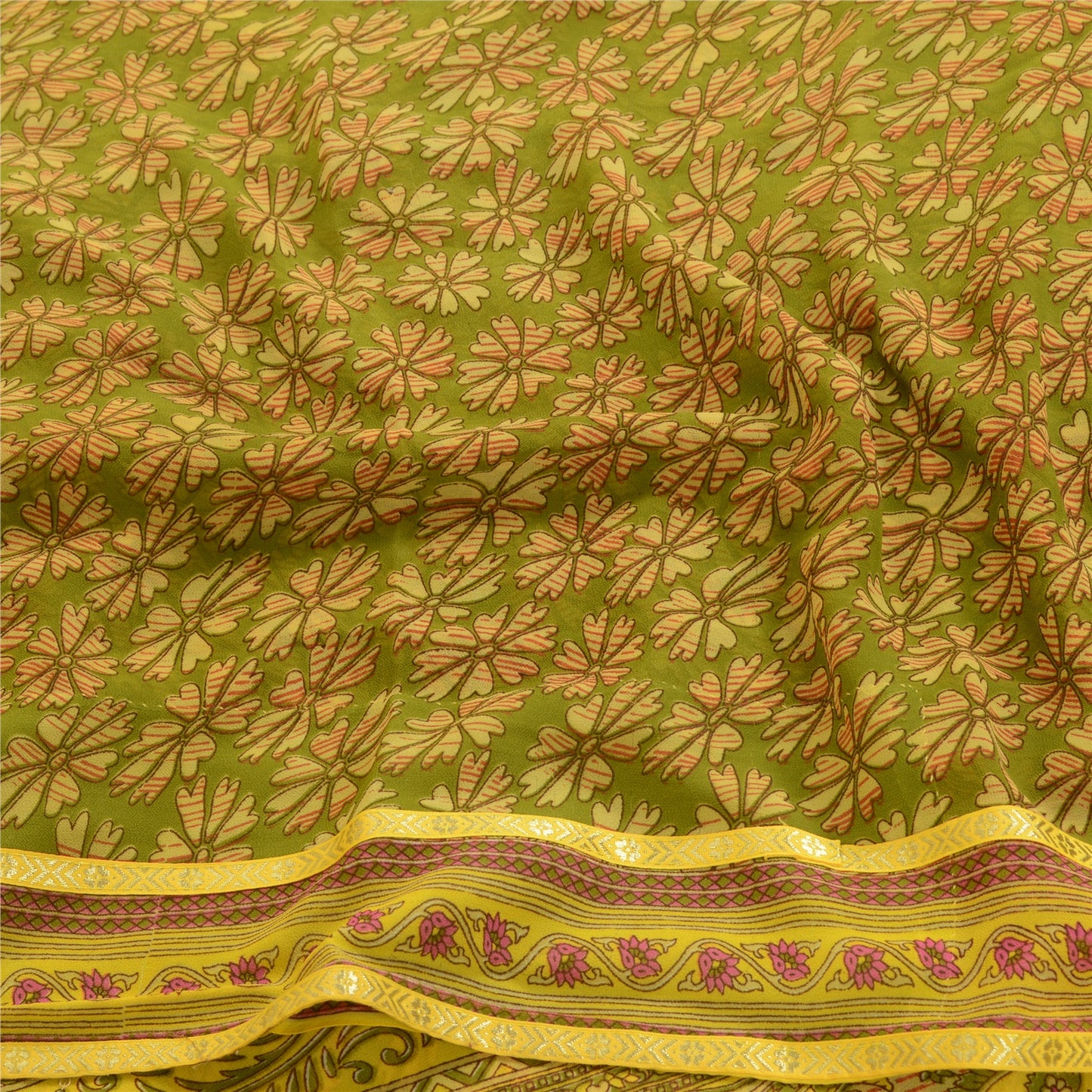 Sanskriti Vintage Green Indian Sarees Printed Georgette Sari Floral Craft Fabric
