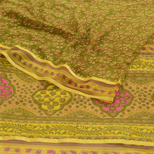 Sanskriti Vintage Green Indian Sarees Printed Georgette Sari Floral Craft Fabric