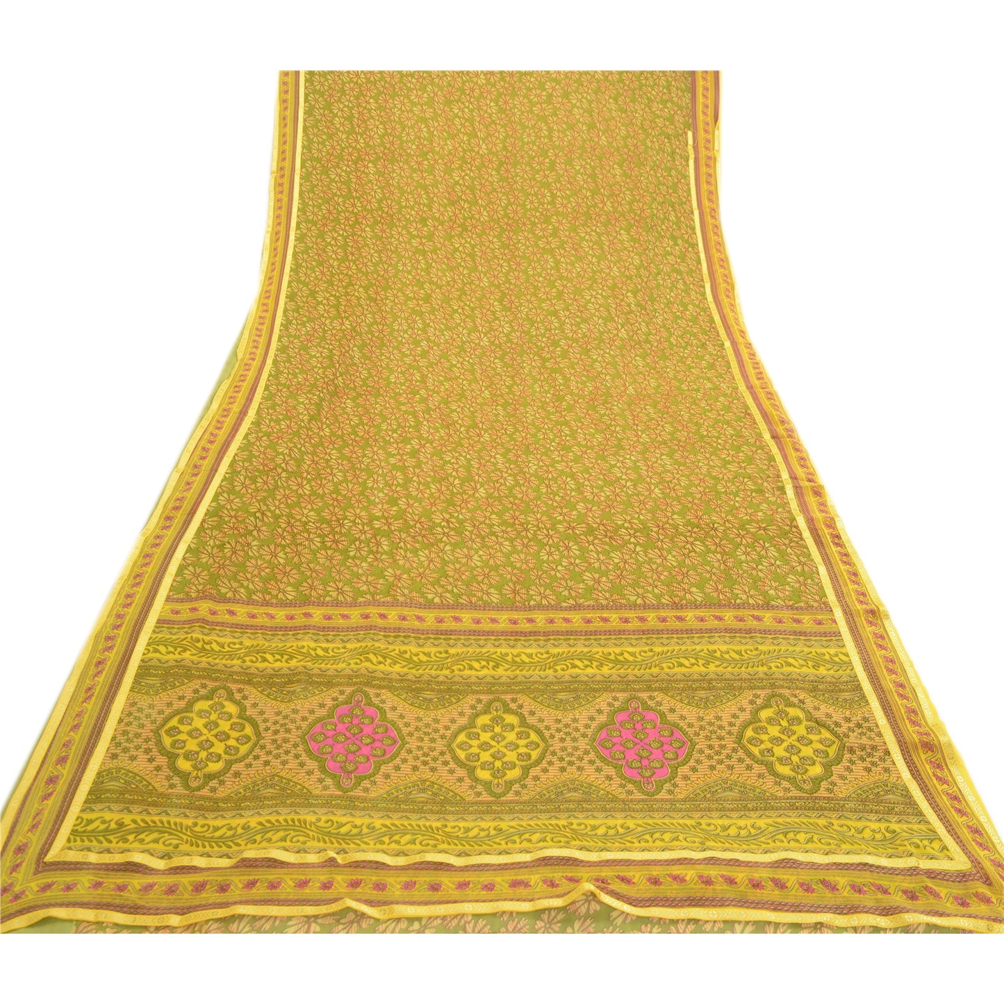 Sanskriti Vintage Green Indian Sarees Printed Georgette Sari Floral Craft Fabric