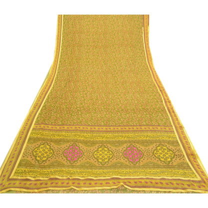 Sanskriti Vintage Green Indian Sarees Printed Georgette Sari Floral Craft Fabric