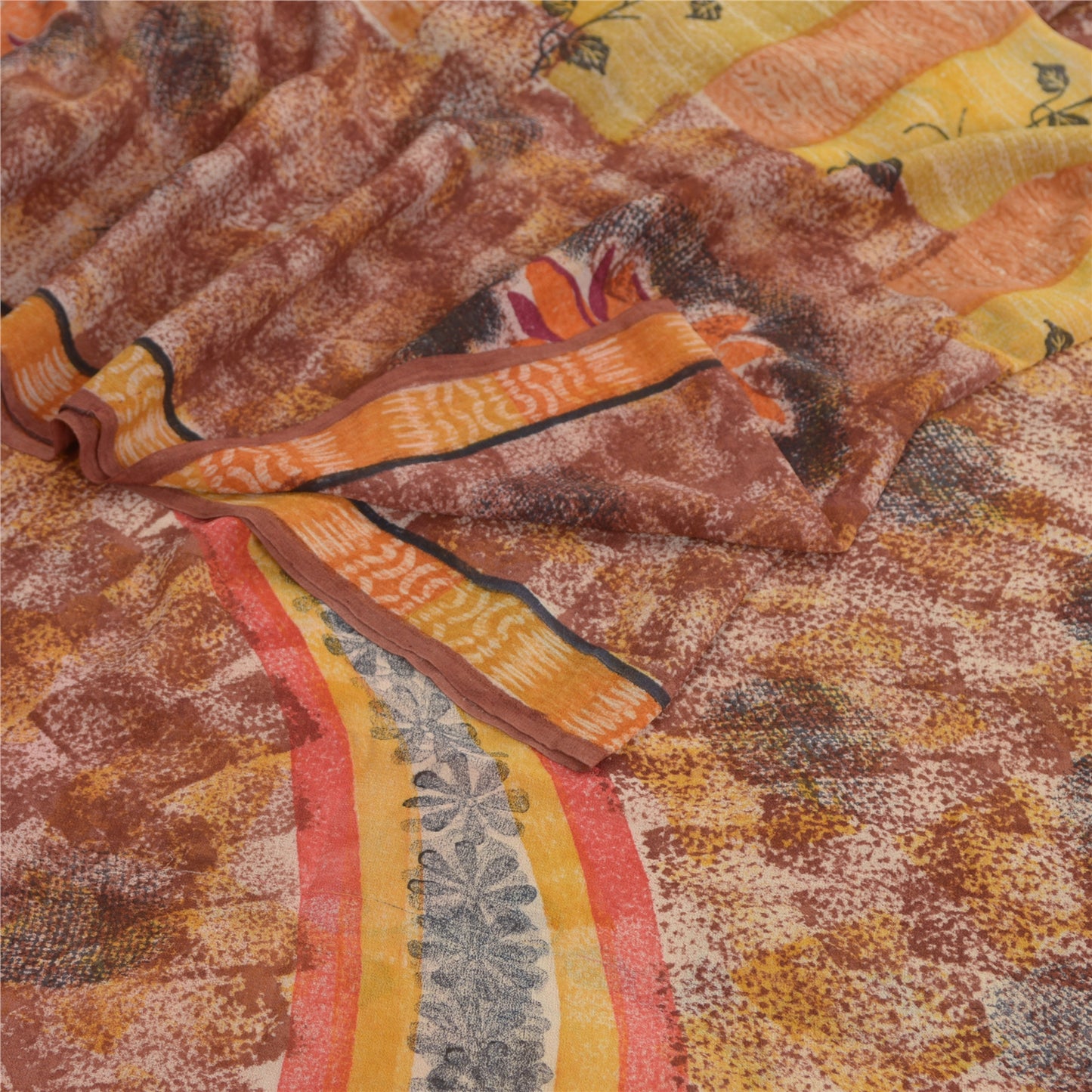Sanskriti Vintage Brown Sarees Indian Pure Georgette Silk Printed Sari Fabric