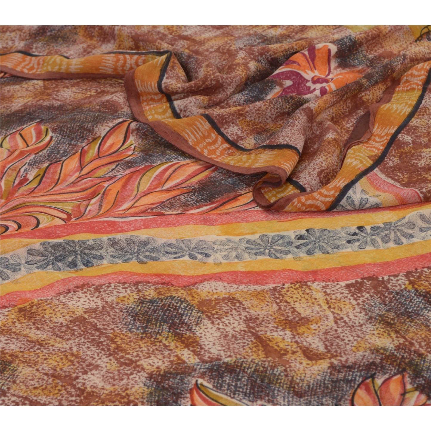 Sanskriti Vintage Brown Sarees Indian Pure Georgette Silk Printed Sari Fabric