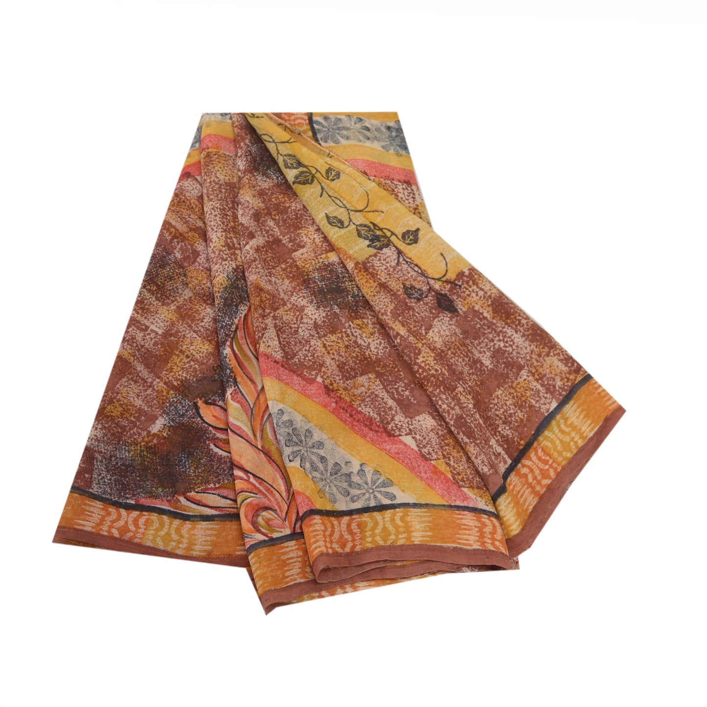 Sanskriti Vintage Brown Sarees Indian Pure Georgette Silk Printed Sari Fabric