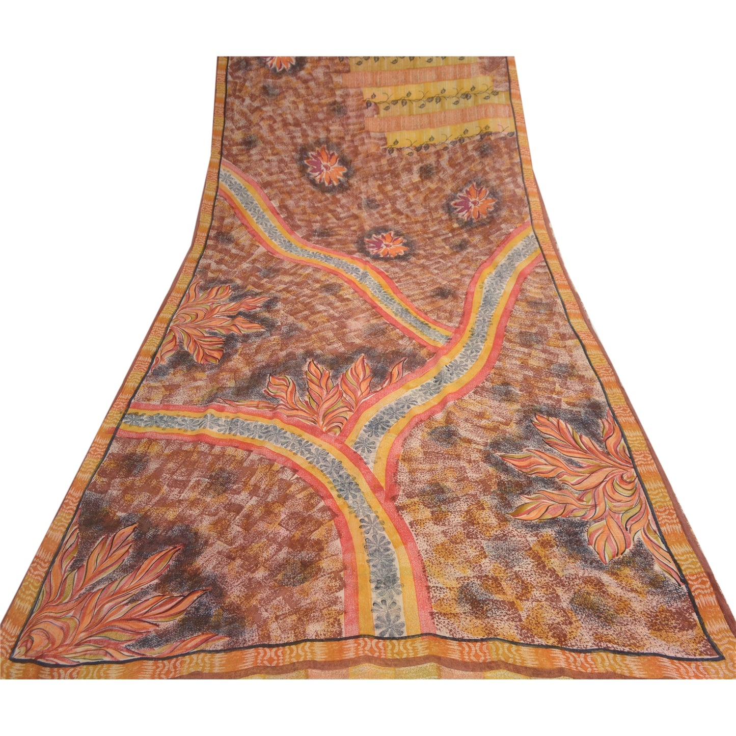 Sanskriti Vintage Brown Sarees Indian Pure Georgette Silk Printed Sari Fabric