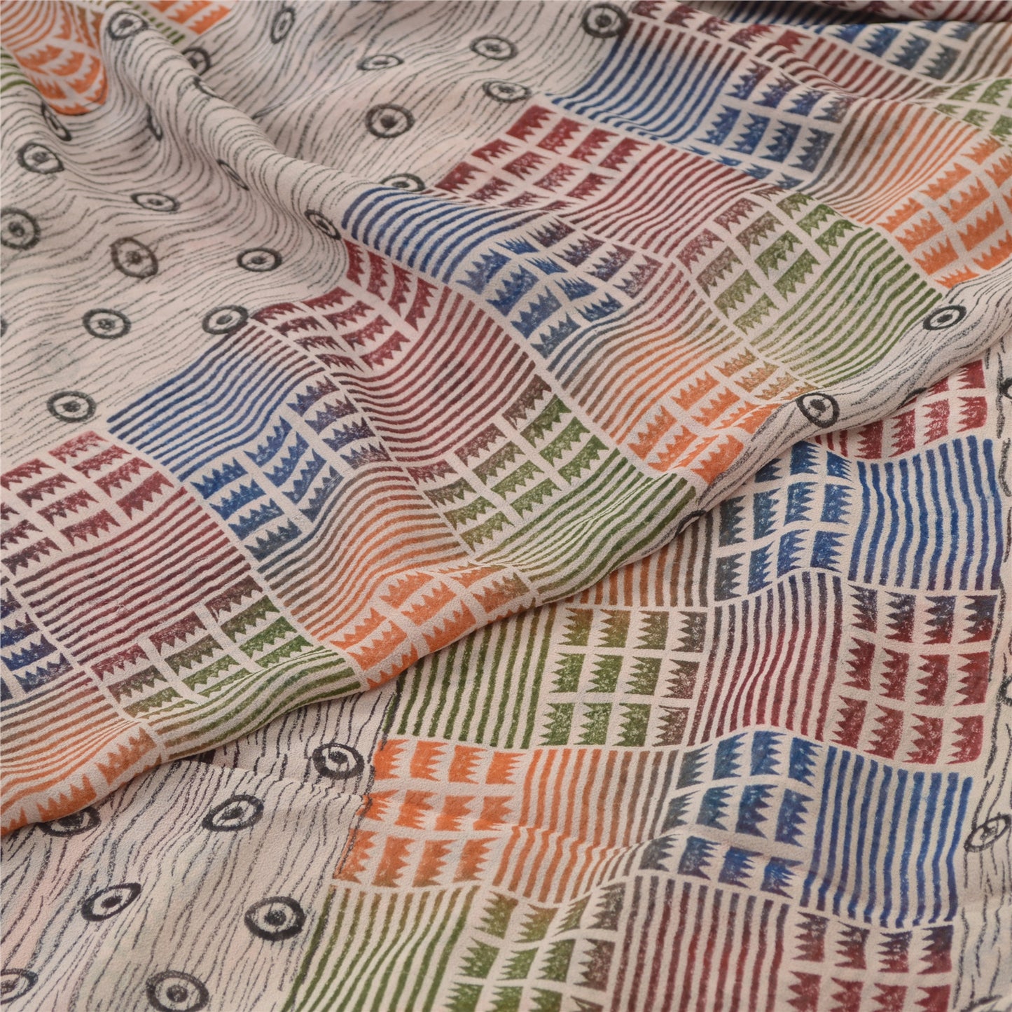 Sanskriti Vintage Ivory Sarees Pure Georgette Silk Print Sari 5+YD Craft Fabric