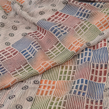 Sanskriti Vintage Ivory Sarees Pure Georgette Silk Print Sari 5+YD Craft Fabric