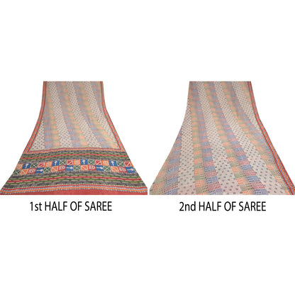 Sanskriti Vintage Ivory Sarees Pure Georgette Silk Print Sari 5+YD Craft Fabric