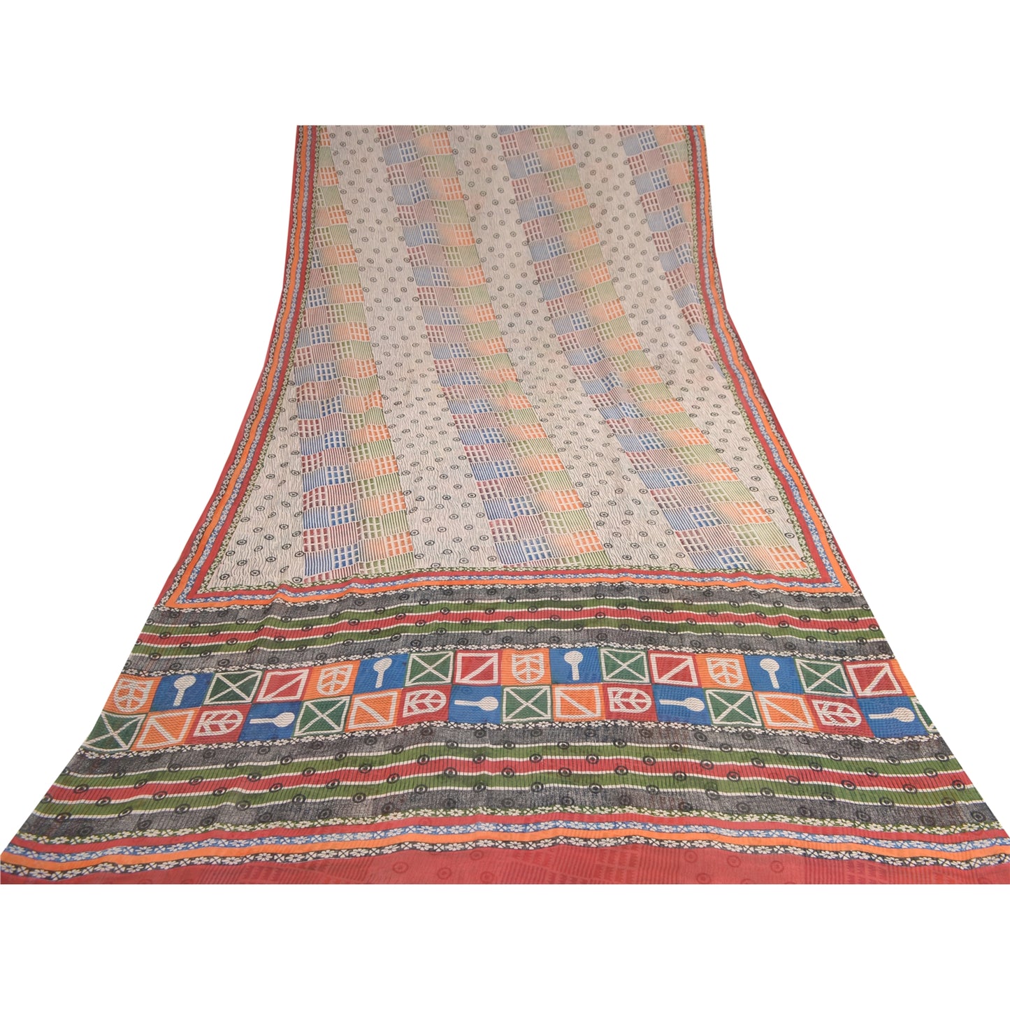 Sanskriti Vintage Ivory Sarees Pure Georgette Silk Print Sari 5+YD Craft Fabric