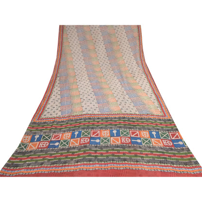 Sanskriti Vintage Ivory Sarees Pure Georgette Silk Print Sari 5+YD Craft Fabric