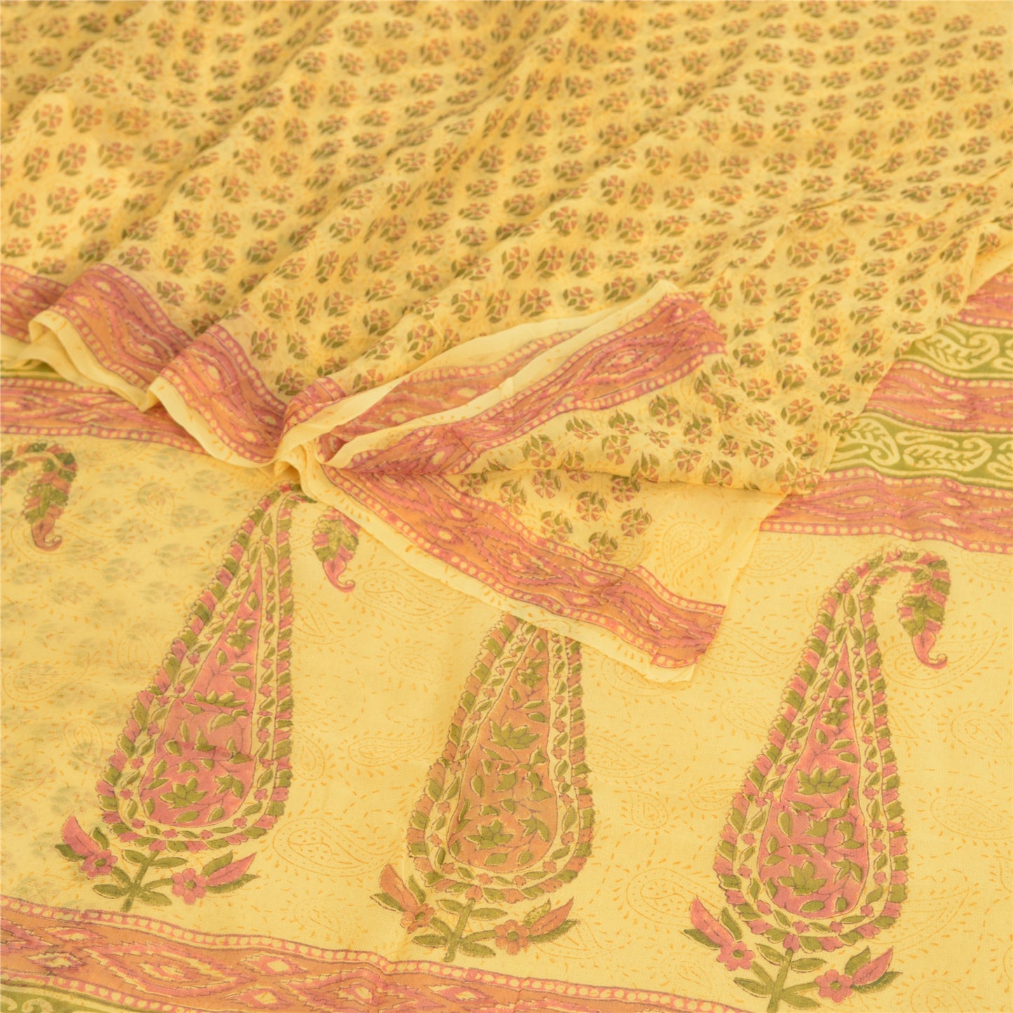 Sanskriti Vintage Yellow Sarees Block Printed Pure Georgette Sari Craft Fabric