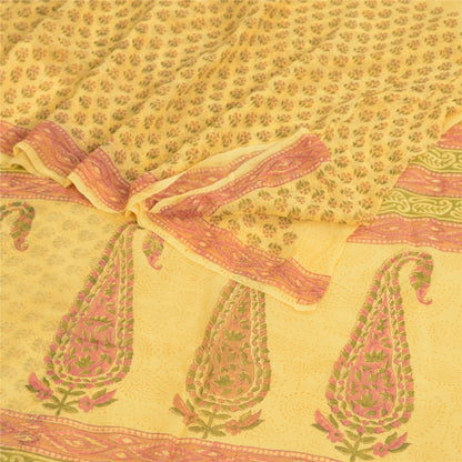 Sanskriti Vintage Yellow Sarees Block Printed Pure Georgette Sari Craft Fabric