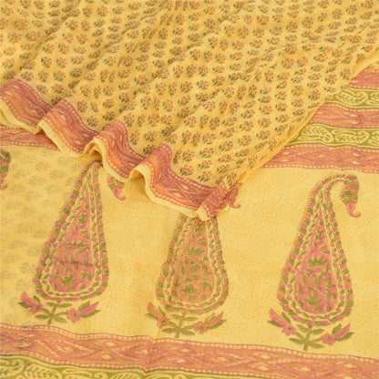 Sanskriti Vintage Yellow Sarees Block Printed Pure Georgette Sari Craft Fabric