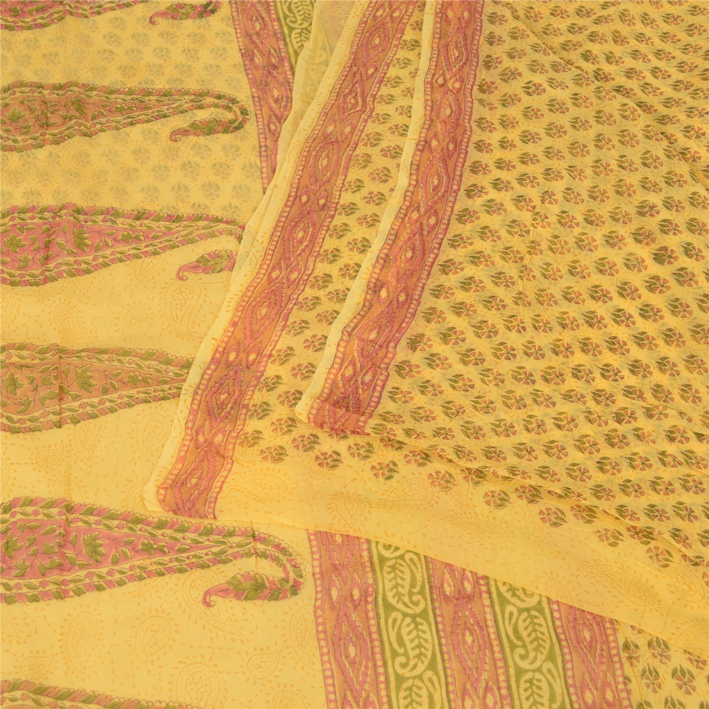 Sanskriti Vintage Yellow Sarees Block Printed Pure Georgette Sari Craft Fabric