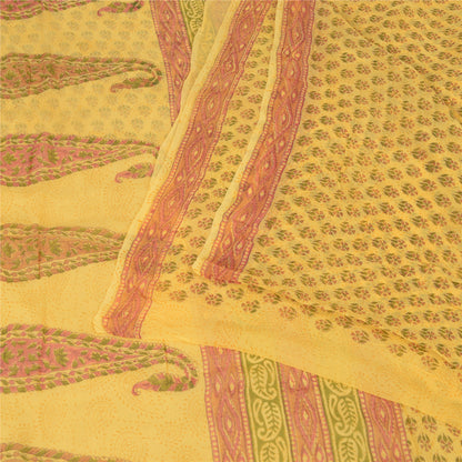 Sanskriti Vintage Yellow Sarees Block Printed Pure Georgette Sari Craft Fabric