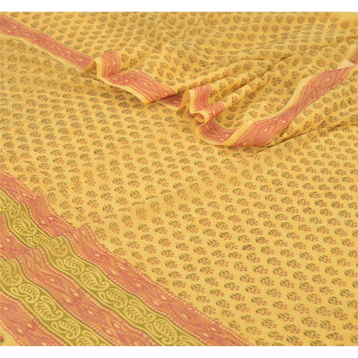 Sanskriti Vintage Yellow Sarees Block Printed Pure Georgette Sari Craft Fabric