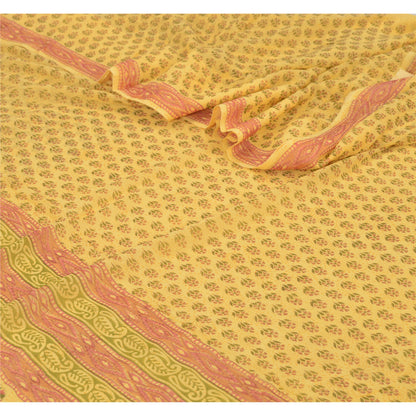 Sanskriti Vintage Yellow Sarees Block Printed Pure Georgette Sari Craft Fabric