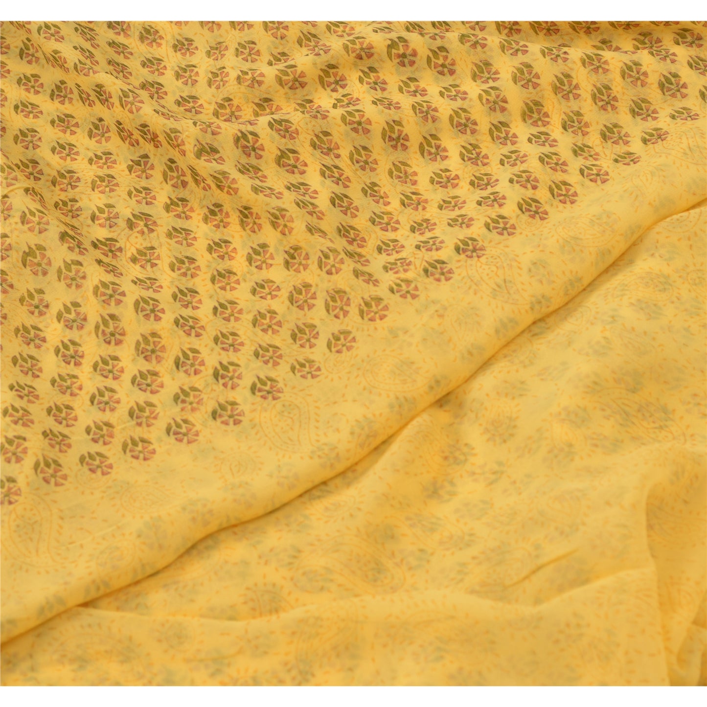 Sanskriti Vintage Yellow Sarees Block Printed Pure Georgette Sari Craft Fabric