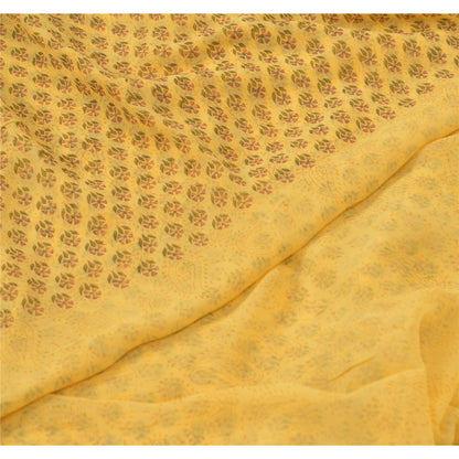 Sanskriti Vintage Yellow Sarees Block Printed Pure Georgette Sari Craft Fabric