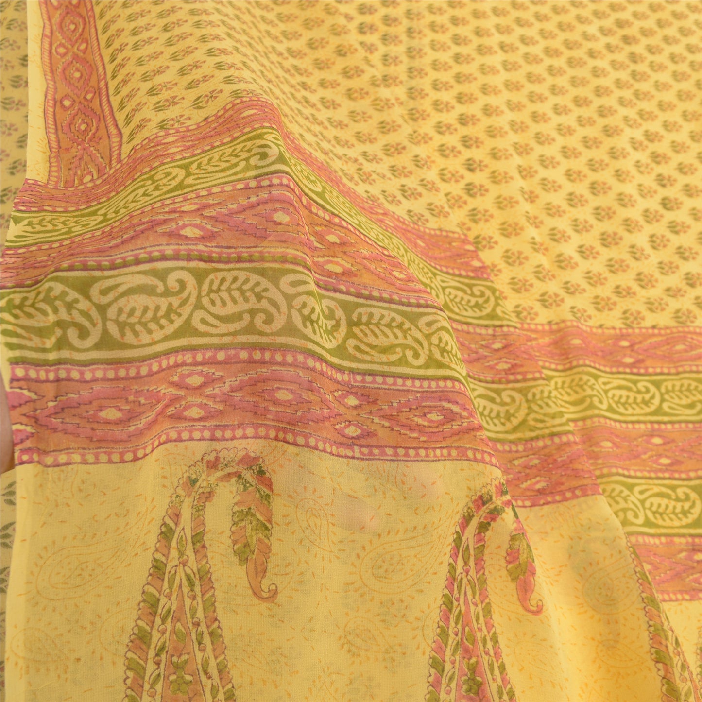 Sanskriti Vintage Yellow Sarees Block Printed Pure Georgette Sari Craft Fabric