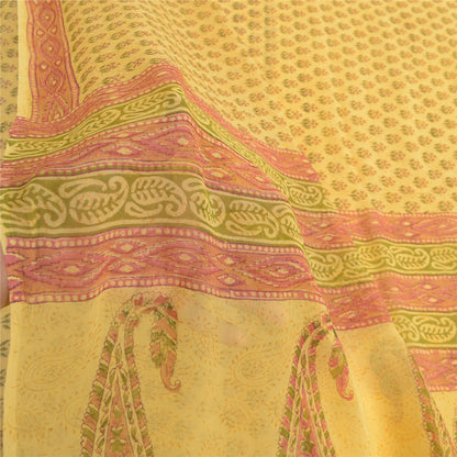 Sanskriti Vintage Yellow Sarees Block Printed Pure Georgette Sari Craft Fabric