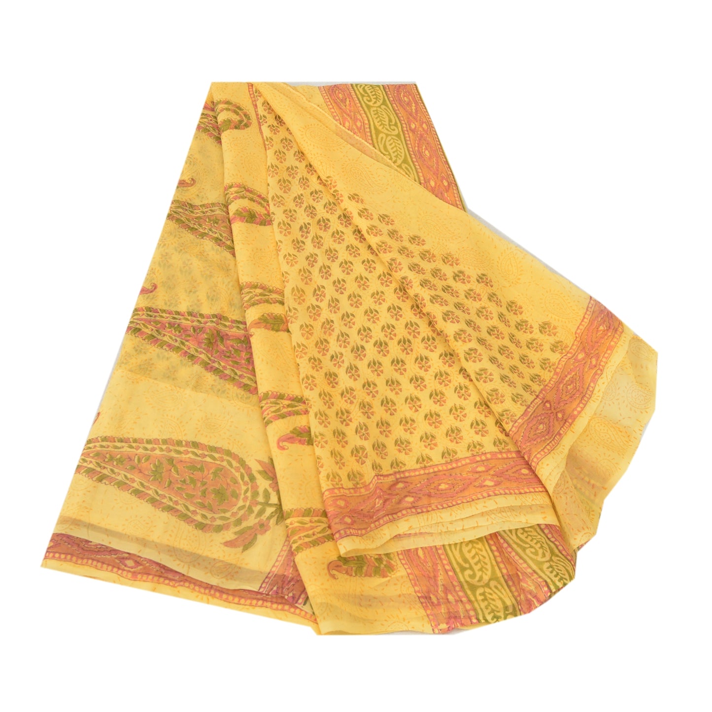 Sanskriti Vintage Yellow Sarees Block Printed Pure Georgette Sari Craft Fabric
