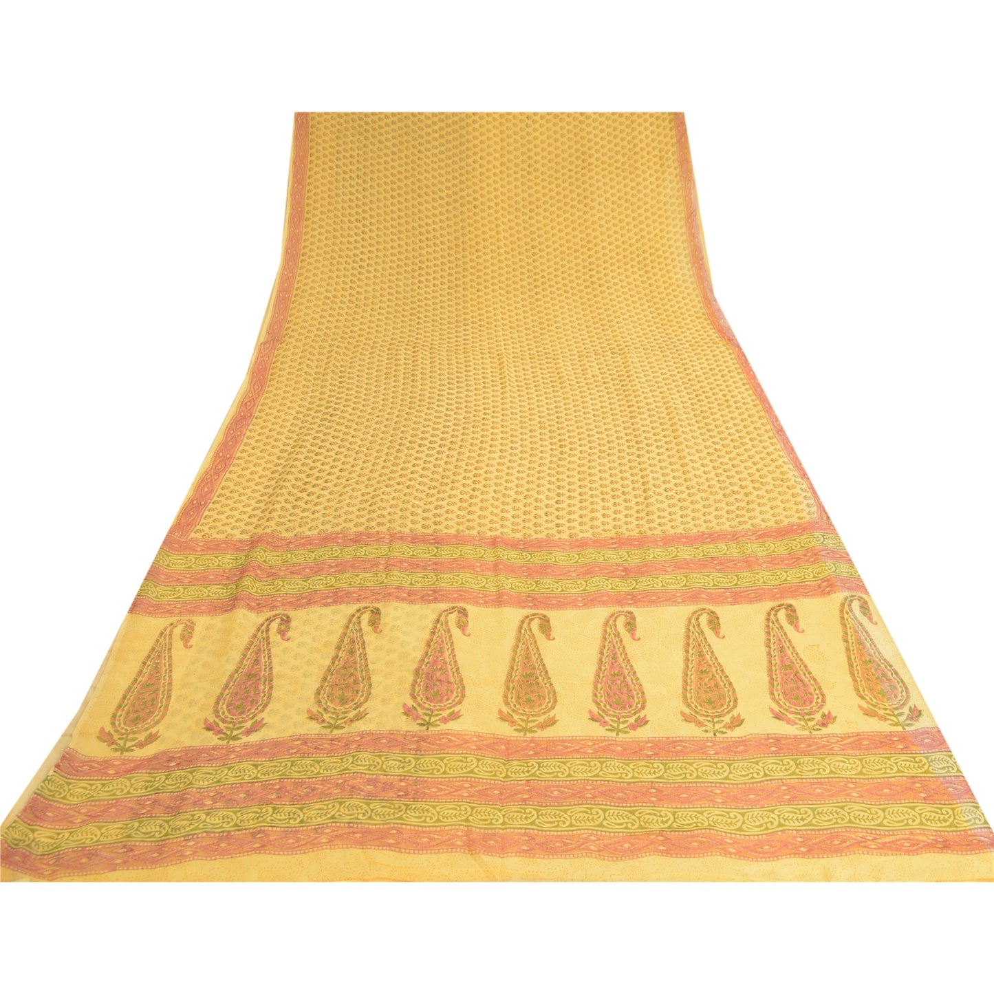 Sanskriti Vintage Yellow Sarees Block Printed Pure Georgette Sari Craft Fabric