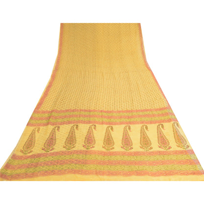 Sanskriti Vintage Yellow Sarees Block Printed Pure Georgette Sari Craft Fabric
