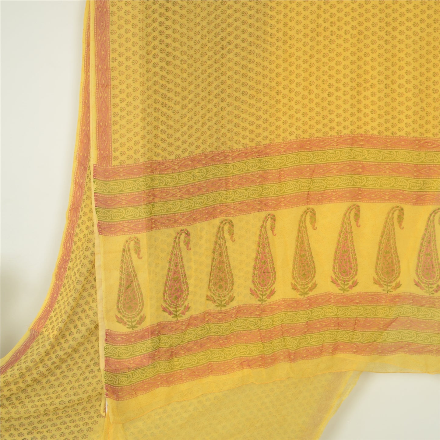 Sanskriti Vintage Yellow Sarees Block Printed Pure Georgette Sari Craft Fabric