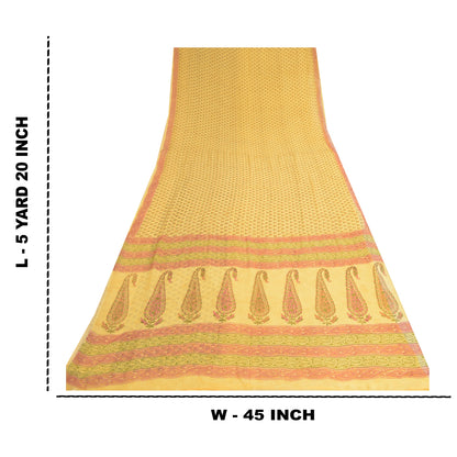 Sanskriti Vintage Yellow Sarees Block Printed Pure Georgette Sari Craft Fabric