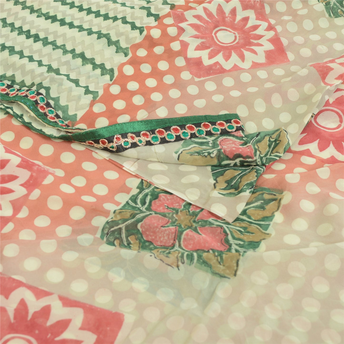 Sanskriti Vintage Cream Sarees Pure Georgette Silk Printed Sari 5yd Craft Fabric