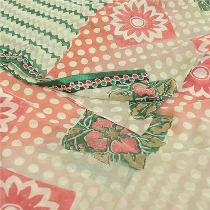 Sanskriti Vintage Cream Sarees Pure Georgette Silk Printed Sari 5yd Craft Fabric