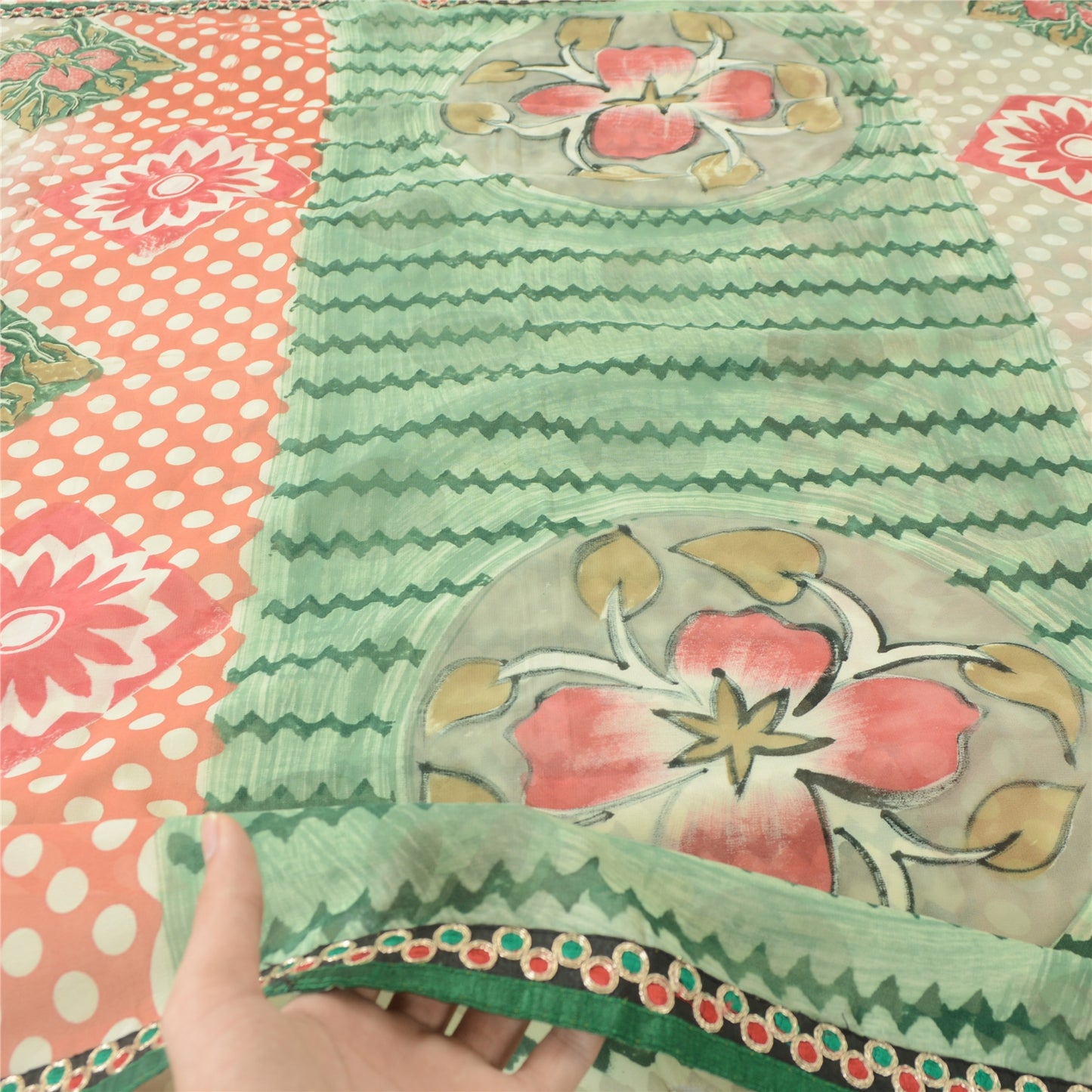 Sanskriti Vintage Cream Sarees Pure Georgette Silk Printed Sari 5yd Craft Fabric