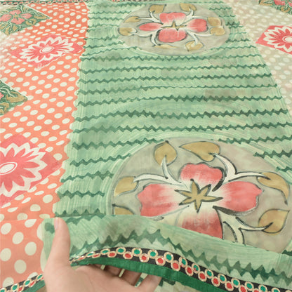 Sanskriti Vintage Cream Sarees Pure Georgette Silk Printed Sari 5yd Craft Fabric