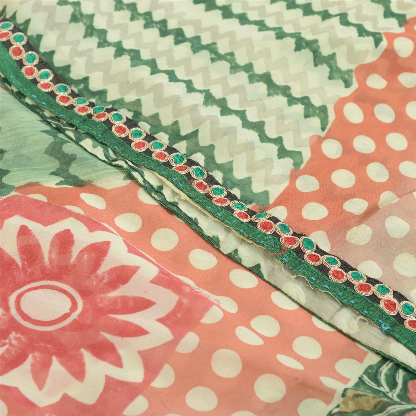 Sanskriti Vintage Cream Sarees Pure Georgette Silk Printed Sari 5yd Craft Fabric