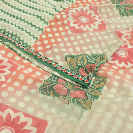 Sanskriti Vintage Cream Sarees Pure Georgette Silk Printed Sari 5yd Craft Fabric