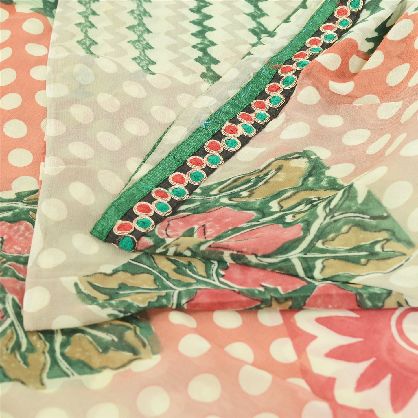 Sanskriti Vintage Cream Sarees Pure Georgette Silk Printed Sari 5yd Craft Fabric