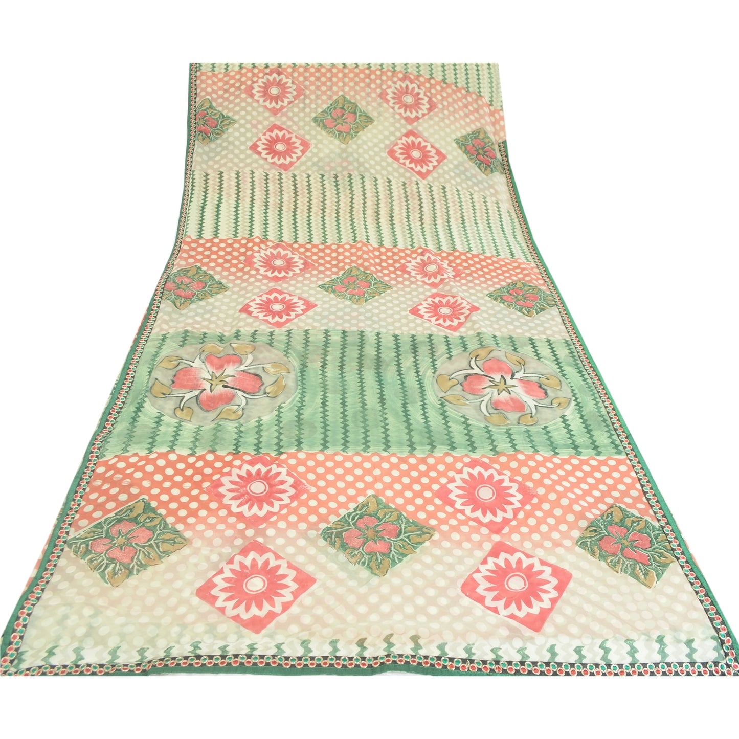 Sanskriti Vintage Cream Sarees Pure Georgette Silk Printed Sari 5yd Craft Fabric