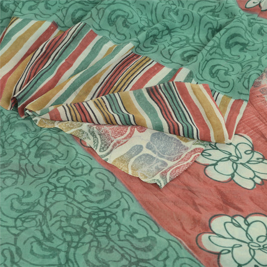 Sanskriti Vintage Saree Multicolor 100% Pure Georgette Silk Floral Printed 5+Yd Fabric Sari Uses-Table linen, Cushions, Curtains, Dressing