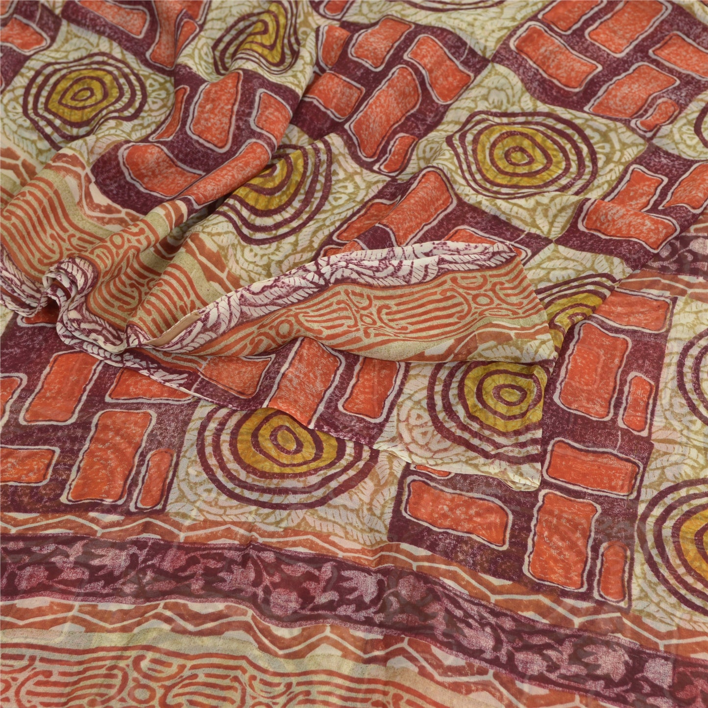 Sanskriti Vintage Sari Dark Red Sarees Pure Georgette Silk Print 6ydCraft Fabric