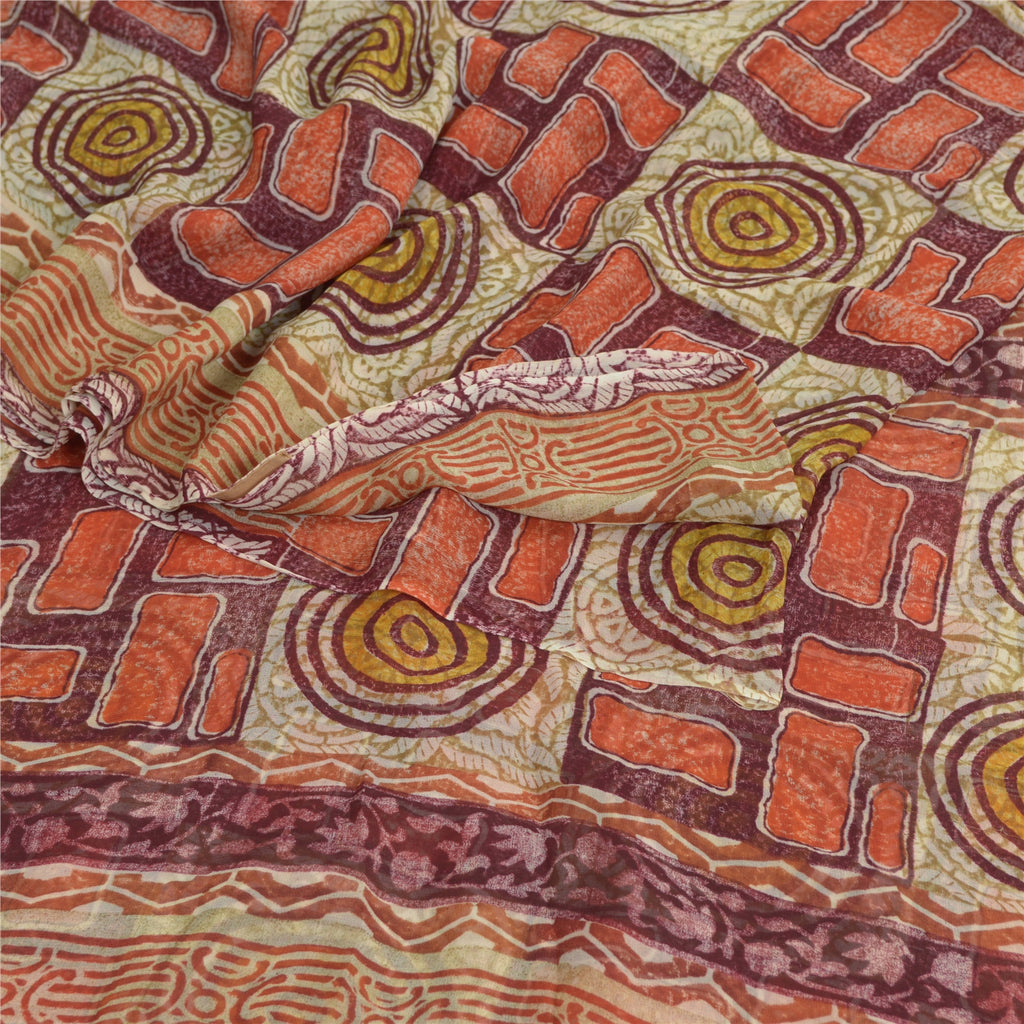 Sanskriti Vintage Sari Dark Red Sarees Pure Georgette Silk Print 6ydCraft Fabric