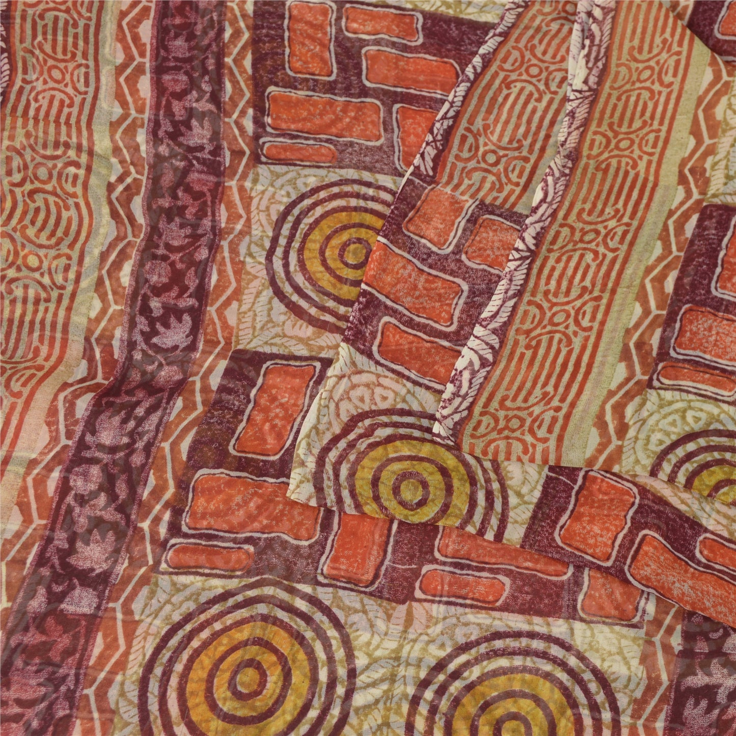 Sanskriti Vintage Sari Dark Red Sarees Pure Georgette Silk Print 6ydCraft Fabric