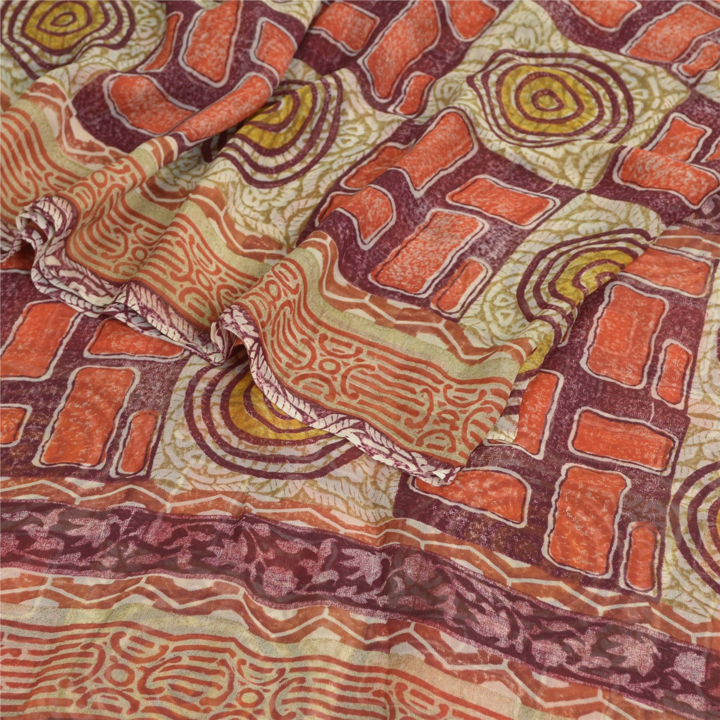 Sanskriti Vintage Sari Dark Red Sarees Pure Georgette Silk Print 6ydCraft Fabric