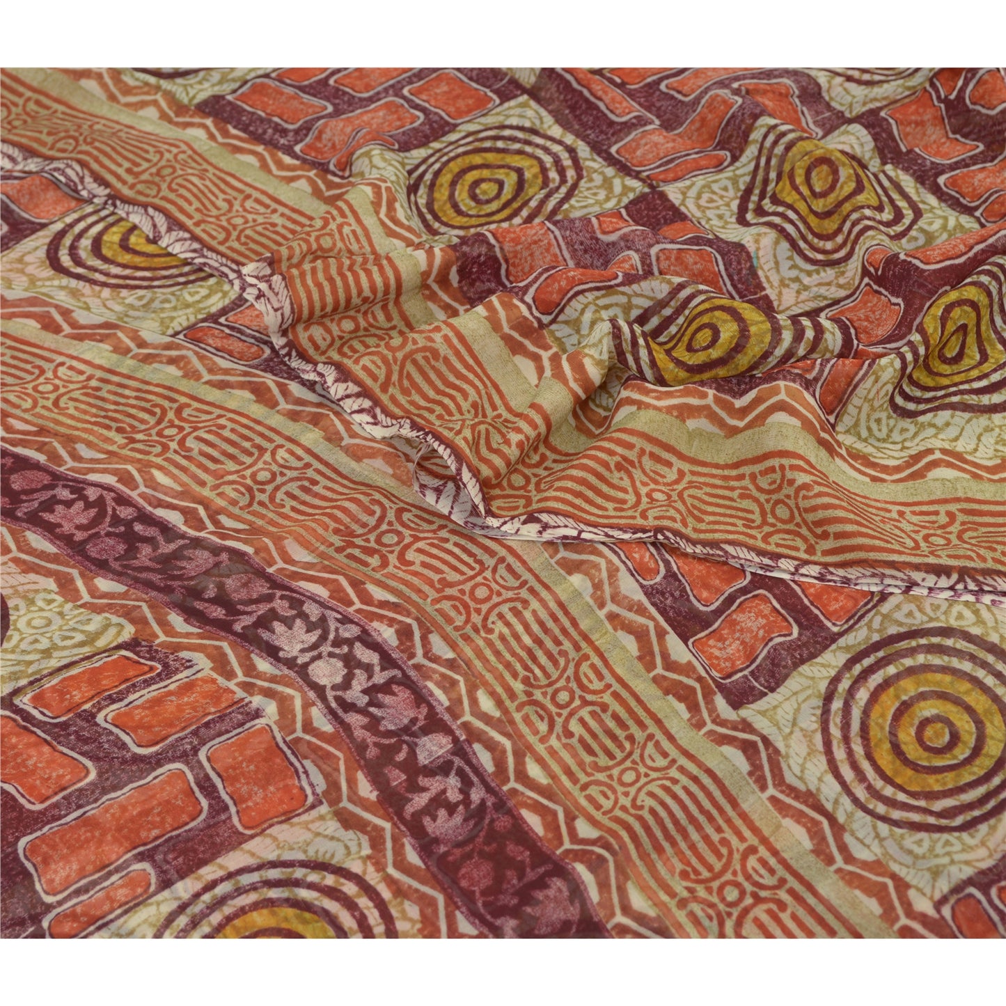 Sanskriti Vintage Sari Dark Red Sarees Pure Georgette Silk Print 6ydCraft Fabric