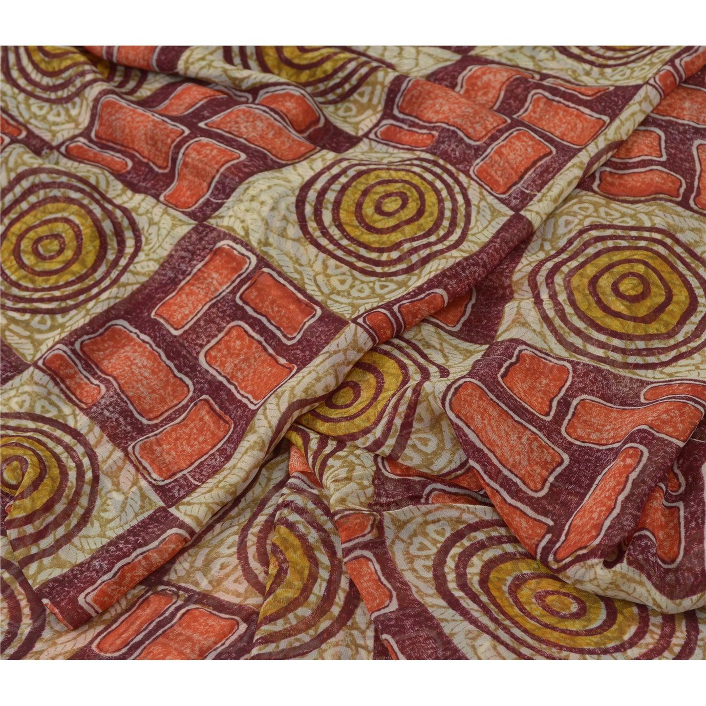 Sanskriti Vintage Sari Dark Red Sarees Pure Georgette Silk Print 6ydCraft Fabric