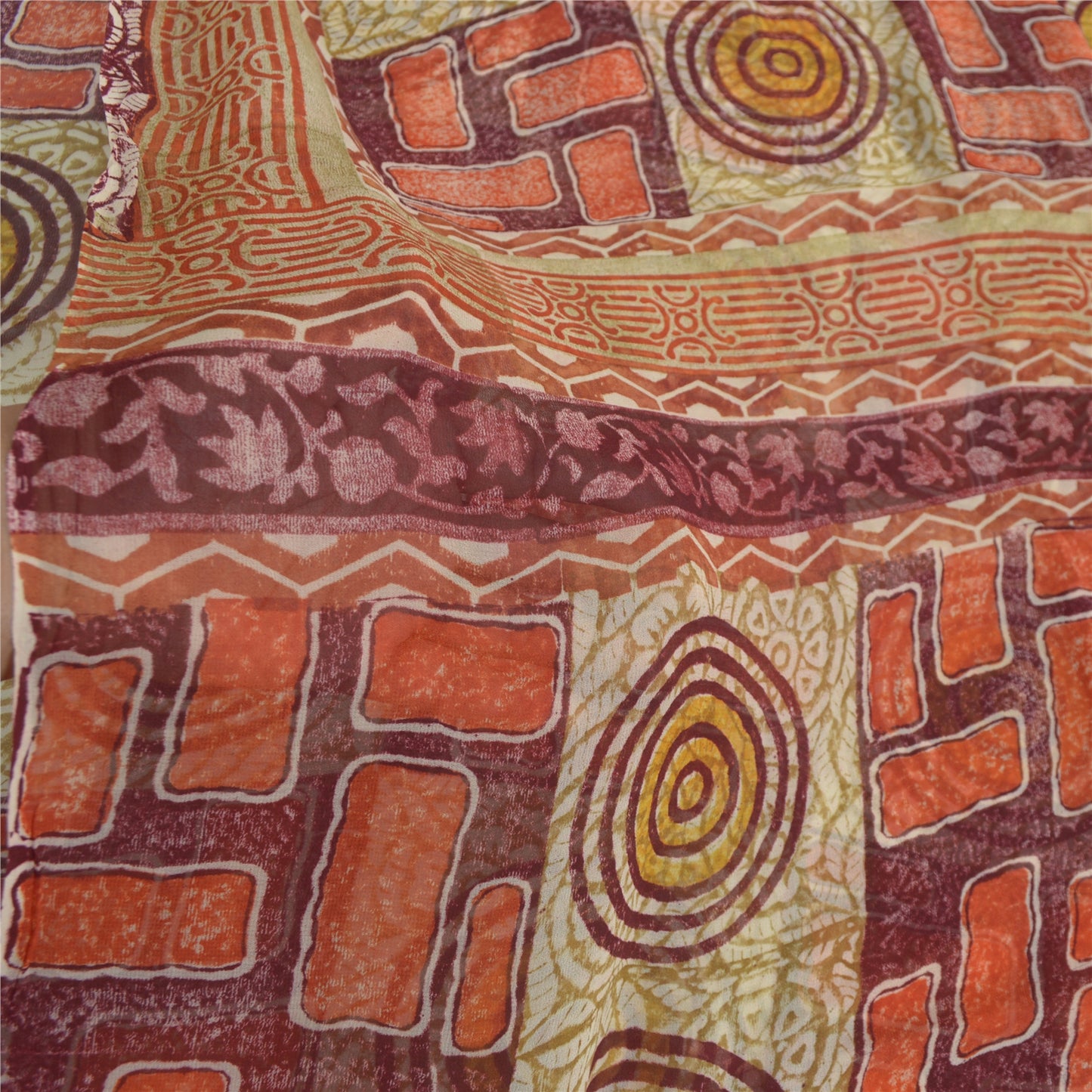 Sanskriti Vintage Sari Dark Red Sarees Pure Georgette Silk Print 6ydCraft Fabric