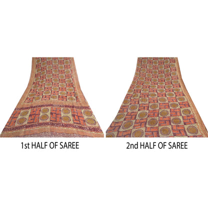 Sanskriti Vintage Sari Dark Red Sarees Pure Georgette Silk Print 6ydCraft Fabric