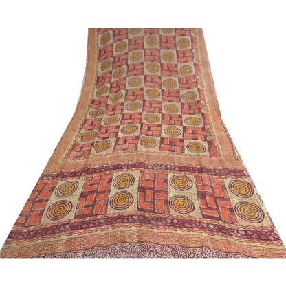 Sanskriti Vintage Sari Dark Red Sarees Pure Georgette Silk Print 6ydCraft Fabric