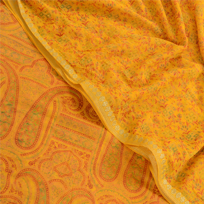 Sanskriti Vintage Saree Yellow Chiffon Zari Border-Floral Paisley Printed Sari 6+Yd Craft Fabric Uses-linen, Cushions, Curtains, Dressing