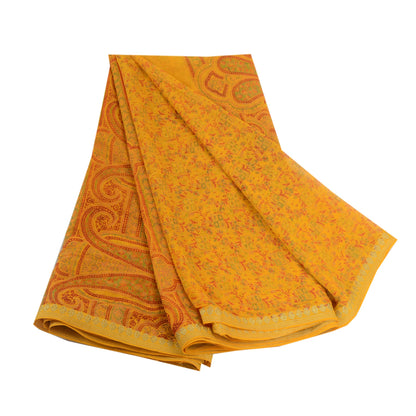Sanskriti Vintage Saree Yellow Chiffon Zari Border-Floral Paisley Printed Sari 6+Yd Craft Fabric Uses-linen, Cushions, Curtains, Dressing