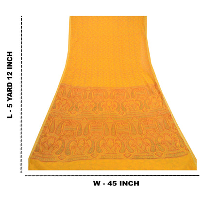 Sanskriti Vintage Saree Yellow Chiffon Zari Border-Floral Paisley Printed Sari 6+Yd Craft Fabric Uses-linen, Cushions, Curtains, Dressing